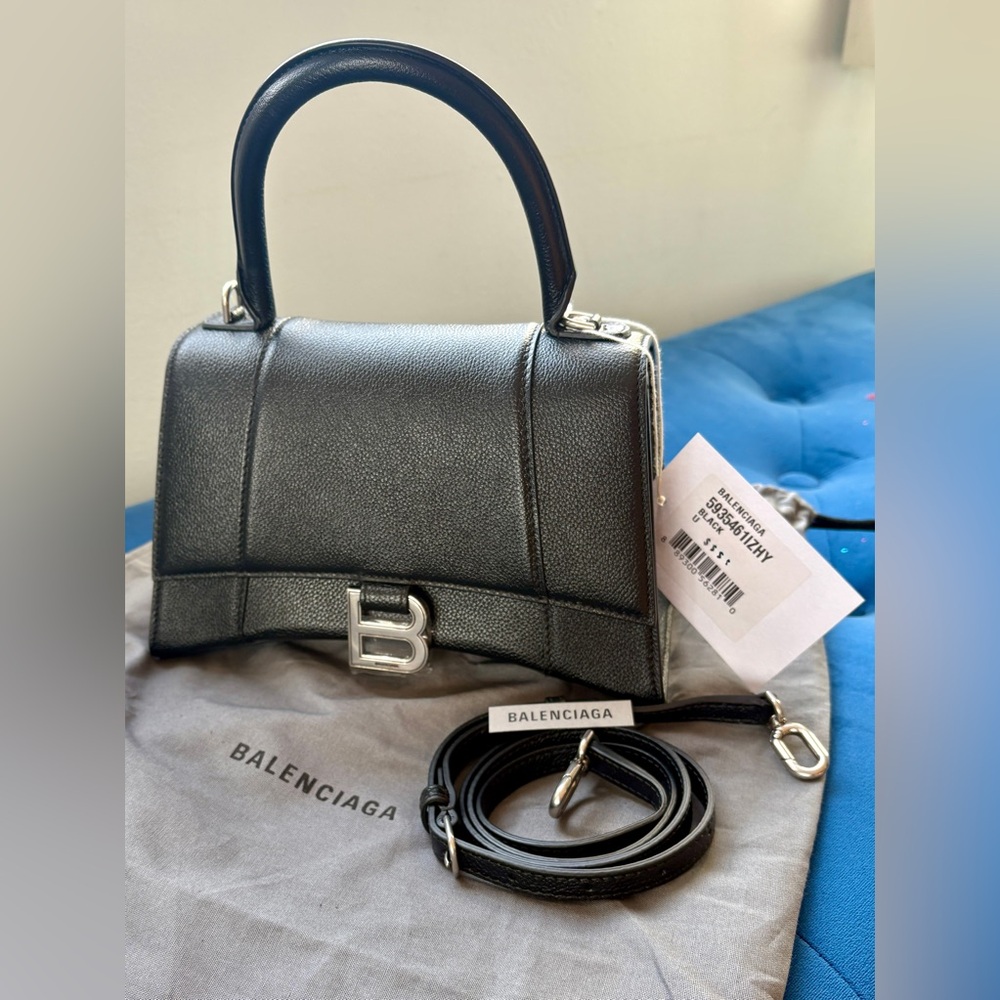 Sold NWT Authentic BALENCIAGA WOMEN’S HOURGLASS XS HANDBAG BOX IN BLACK calfskin